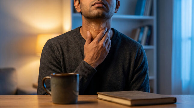 Man touching neck with thyroid gland outline at home