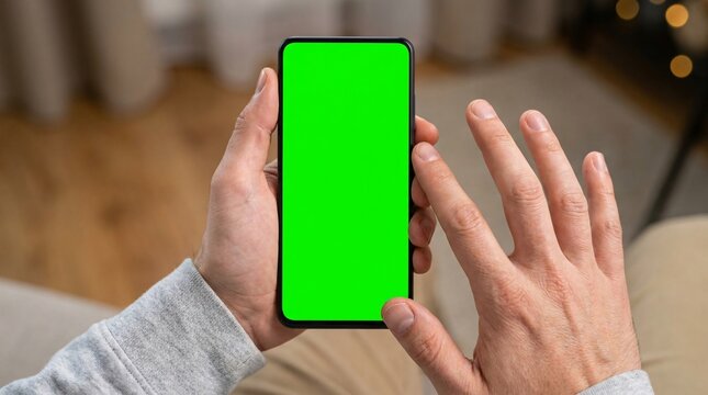 Person holding smartphone with blank green screen mockup