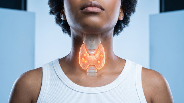 Glowing thyroid gland with nodules on human neck, endocrine health