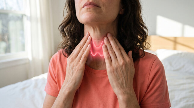 Woman checking thyroid gland on neck with fingers at home