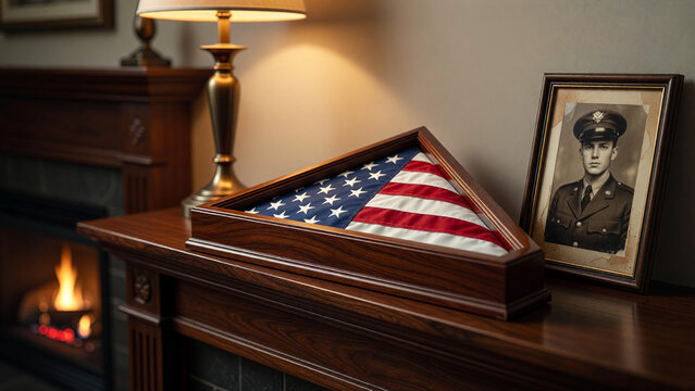 Folded American flag in wooden display case with soldier portrait, military honor and veteran remembrance