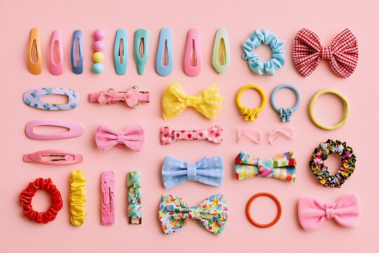 Top view flatlay of kids' hair accessories, colorful hair clips, elastic bands, and cute bows on a pastel background, children fashion concept.