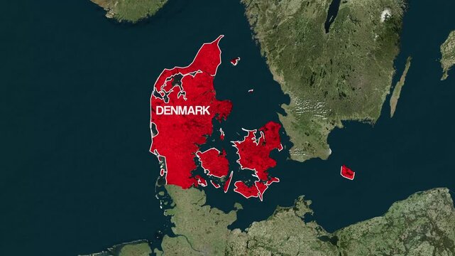 Denmark country map highlighted in bright red on satellite earth globe animation for motion graphic projects