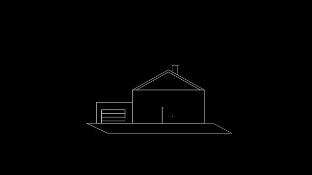 Architectural White Line Drawing of Suburban House with Garage on Black Background Animation