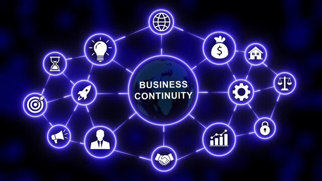 Business continuity management concept featuring a glowing digital globe network with interconnected corporate for strategic planning, risk resilience, global enterprise solutions, and digital