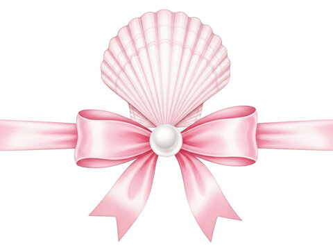 Pink seashell with a ribbon bow and a white pearl isolated on transparent background