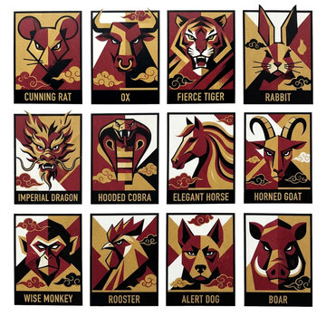 Chinese zodiac signs card set, modern geometric style illustrations of twelve lunar horoscope animals with text labels isolated on transparent background.