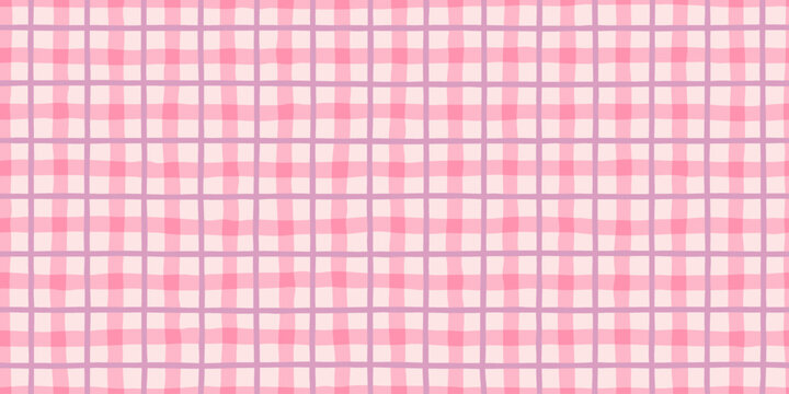 Pastel gingham seamless pattern. Plaid cloth texture with checkered print with pink and purple stripes. Abstract background of tablecloth, wrapping paper or blanket, vector illustration