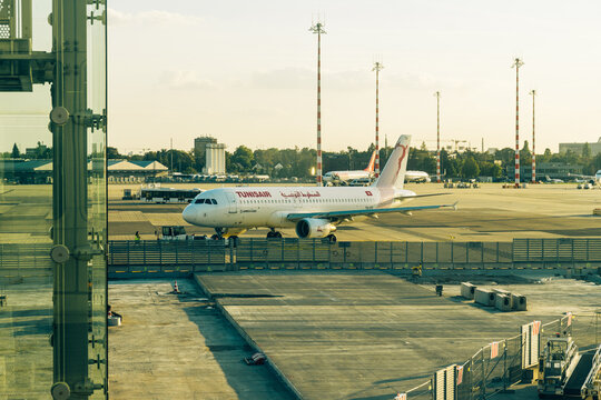 DUSSELDORF, GERMANY - SEPTEMBER 21, 2026: Tunisair Airbus A320 aircraft on the apron at D&uuml;sseldorf Airport