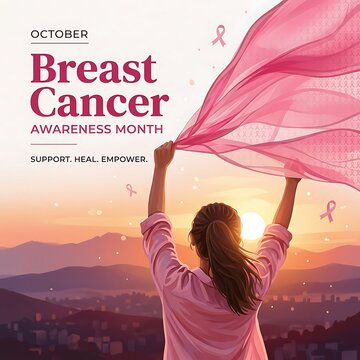 October Breast Cancer Awareness Month Poster Featuring Woman Holding Flowing Pink Ribbon Fabric at Sunrise
