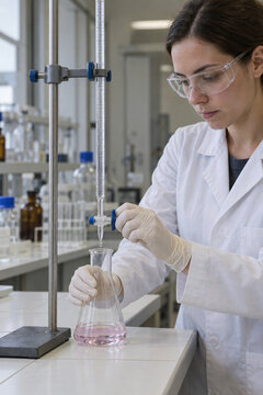 Chemist adjusting a burette during a laboratory titration