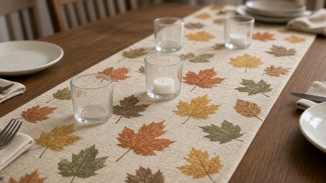 Dining table runner with leaf motifs and votives