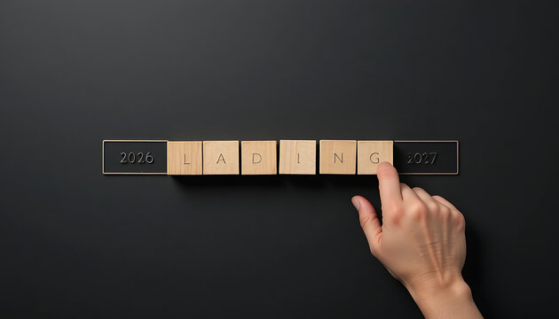 Hand touching wooden blocks arranged horizontally spelling LOADING with rectangular frames showing numbers 2026 on left and 2027 on right on dark surface &lrm;new year 2027
