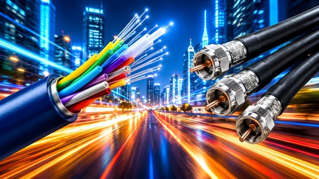 Colorful fiber optic cables and coaxial HFC cables glowing against a modern city nightlife background. 