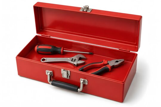 Open metal toolbox with basic repair tools on white