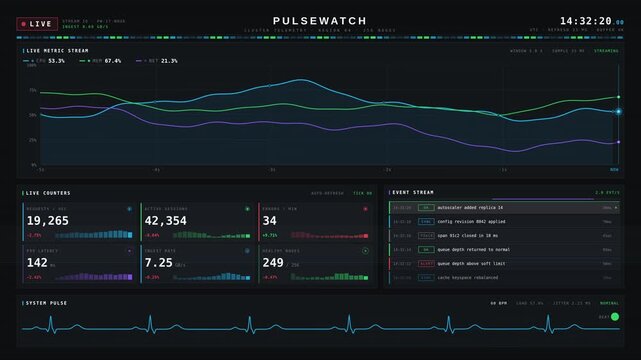 Digital cloud monitoring dashboard displaying real time server performance data