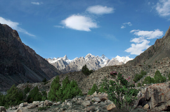 View of the rugged mountain landscape along the K2 trek with snow-capped peaks, rocky slopes, and green bushes under a clear blue sky in Hushe, Pakistan.