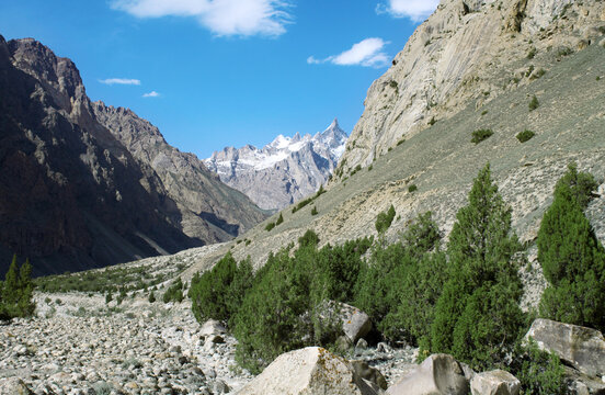 View of the rugged mountain landscape along the K2 trek in Hushe, featuring a rocky valley floor, scattered juniper trees, and snow-capped peaks in Hushe, Pakistan.