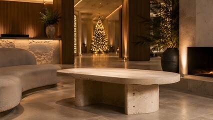 Obraz premium Luxury hotel lobby lounge with Christmas tree and modern stone coffee table