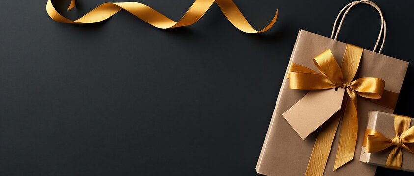 Elegant holiday shopping concept for Black Friday or Christmas campaigns. Kraft gift boxes with gold satin bows, blank tag, and shopping bag on dark background with generous copy space.