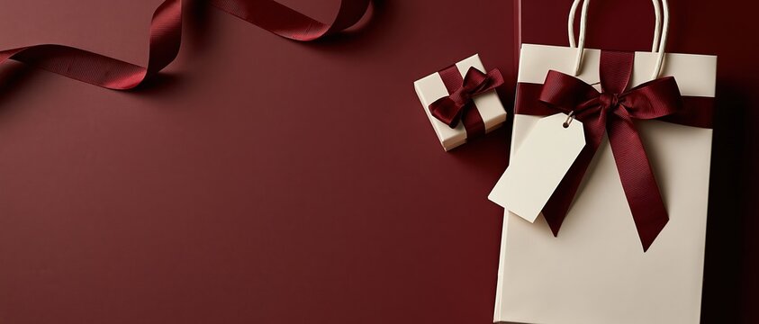Elegant holiday shopping concept cream gift bag with burgundy bow, blank tag, and small wrapped box on rich red background. Wide copy space for retail, sale, or seasonal campaigns.