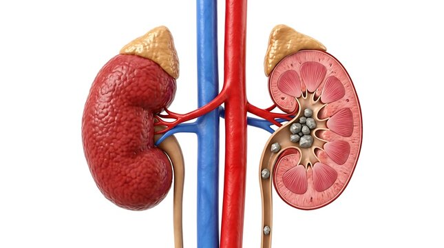 Human kidney with ureteral stones, showing internal structure, adrenal gland, renal artery, and vein, ideal for medical and science education.