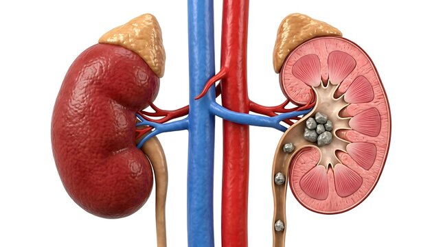 Human kidney with ureteral stones, showing internal structure, adrenal gland, renal artery, and vein, ideal for medical and science education.