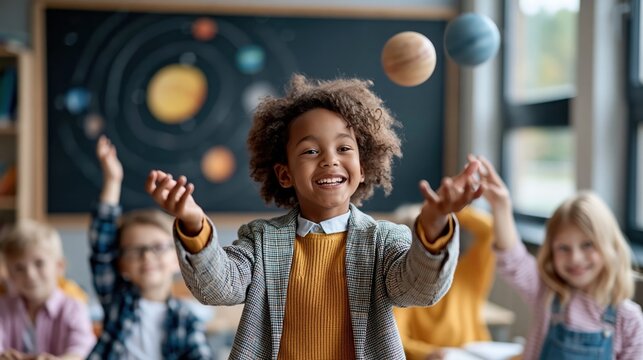 A joyful child showcases a fun learning environment by juggling planet models, symbolizing curiosity and the wonders of space education in a classroom setting.