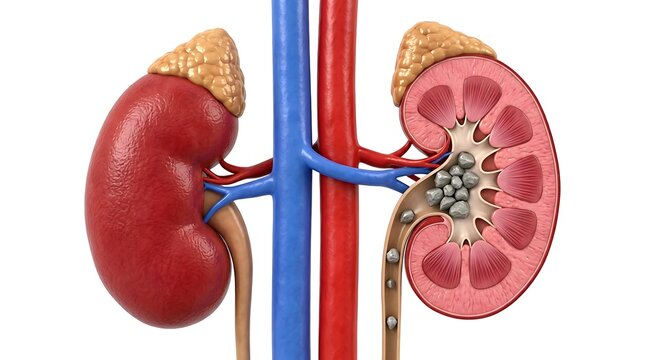 Anatomical medical illustration of human kidneys with adrenal glands showing comparison between healthy organ and cross section filled with kidney stones.