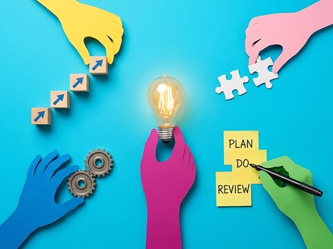 Hands interacting with business icons and symbols to represent collaborative planning, creative problem solving, and strategic development processes