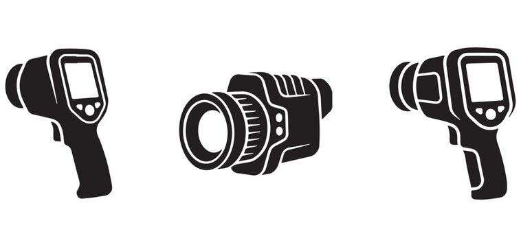 Thermal imaging camera black silhouette set icons for heat detection diagnostic and building inspection. vector Illustrator Eps 10