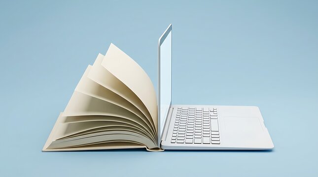 Minimalist concept illustration of open book seamlessly merging with sleek silver laptop on clean light blue background representing online digital education.