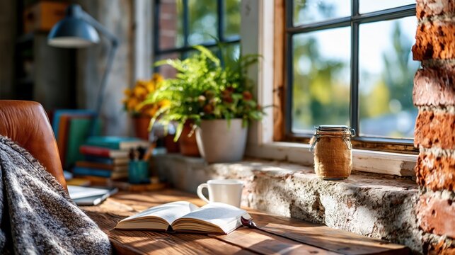A warm and inviting reading nook features a well-loved book open on a rustic table, bathed in soft sunlight pouring through a large window, creating a comforting atmosphere.