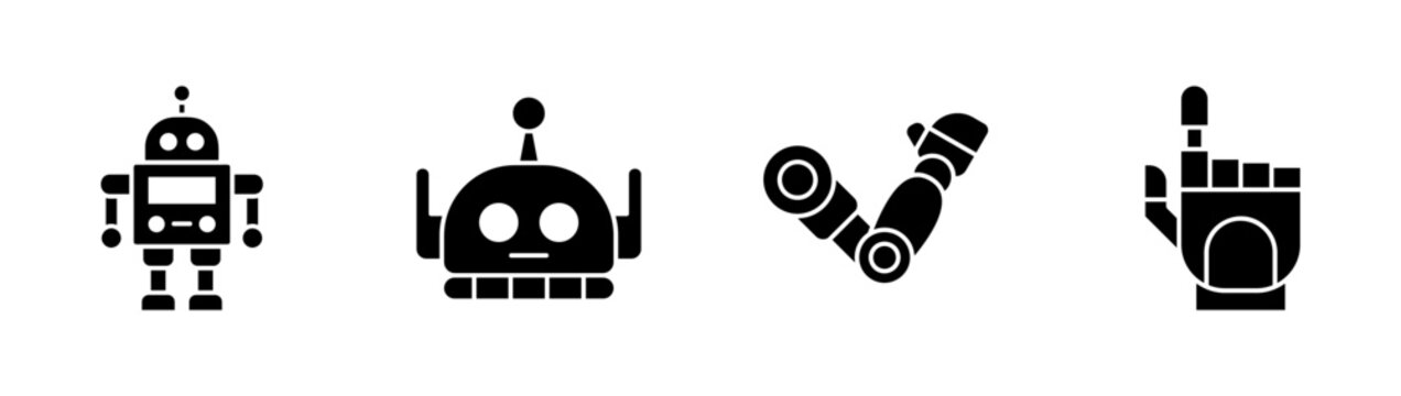 Android robot icon set collection. Humanoid body, robot head, arm, hand, artificial intelligence, futuristic, technology