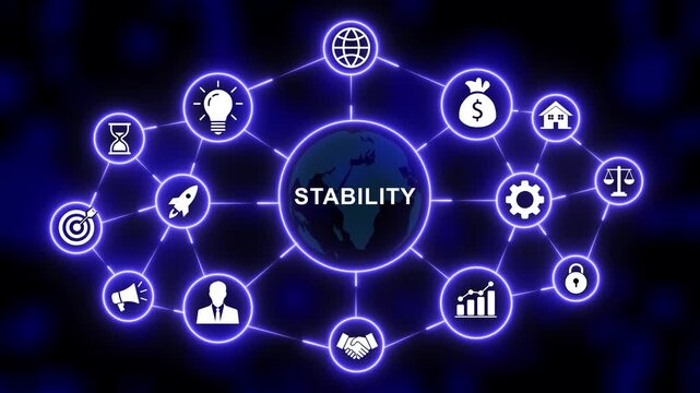 Global business stability concept featuring a rotating earth globe surrounded by interconnected digital network representing financial growth, corporate strategy, innovation, and secure management