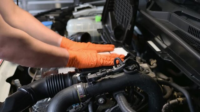 Close-up of a mechanic installing an engine air filter under the car hood during routine vehicle maintenance.