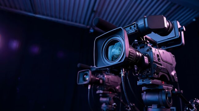 High-end television broadcast camera positioned on tripod in dark movie studio with dramatic purple and blue stage lights ready for professional filming setup.