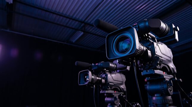 Two professional broadcasting cameras on heavy tripods arranged inside dark studio space with atmospheric ceiling structure and blue lighting for video recording.