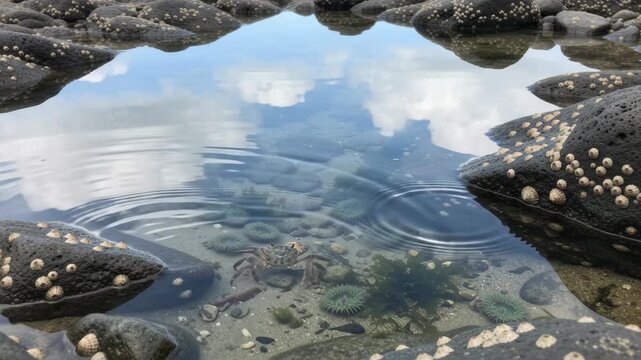 Crab crossing clear tide pool with barnacles