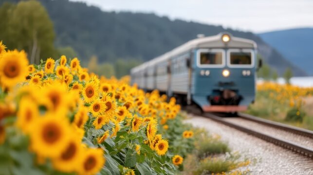 A vibrant train moves along a track bordered by bright sunflowers, creating a stunning visual contrast against the serene backdrop of nature and mountains.