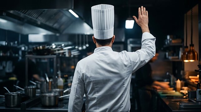Chef in traditional white uniform and tall hat waving hand in busy professional kitchen with stainless steel equipment and other chefs working.
