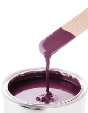 Wooden stirrer dripping rich purple paint into an open paint can isolated on white background