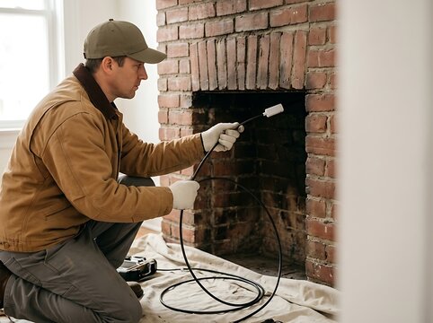 Chimney sweep inspects fireplace using inspection camera equipment for cleaning service and maintenance check before winter season.
