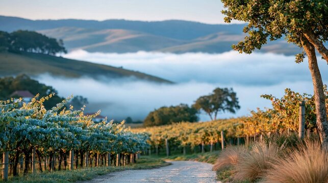 A breathtaking view of vineyards enveloped in morning fog, showcasing lush green vines against rolling hills and soft clouds, inviting tranquility and natural beauty.