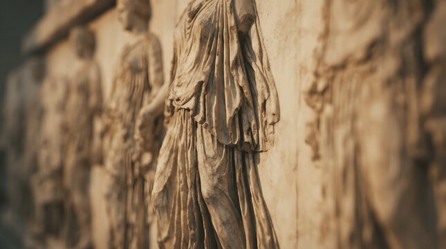 Ancient Greek marble relief frieze of draped female figures in flowing robes with shallow depth of field