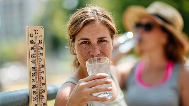 A young woman holds a glass of clear water, refreshing herself on a warm day, with a thermometer indicating high temperatures in the background.