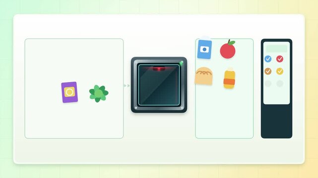 Smart home interface showing automated kitchen appliance control panel with food inventory and cooking settings.