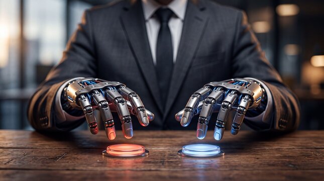 Robotic hands hovering over red and blue buttons at a wooden desk. Decision making in artificial intelligence and business choice concept with a suited executive.