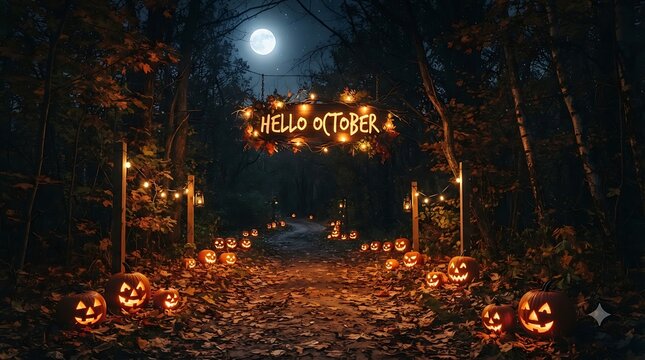 Hello october sign with glowing jackolanterns in forest