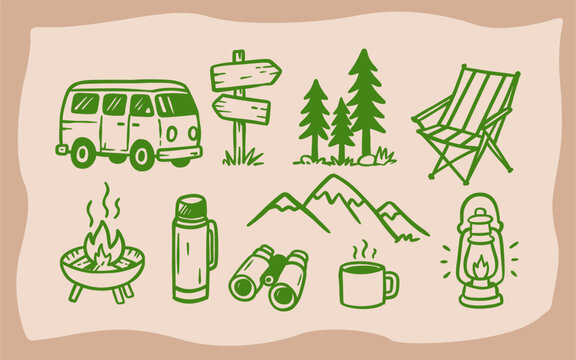 Hand drawn camping doodle set featuring outdoor adventure, nature, and travel icons in a vintage style for creative projects